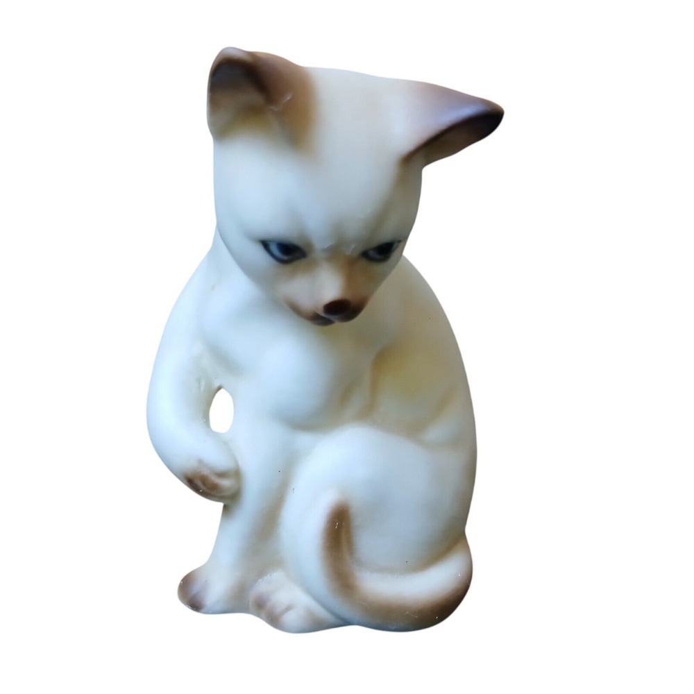 Vintage Bone China Siamese Cat Figurine Matte Miniature Taiwan Blue Eyes MCM